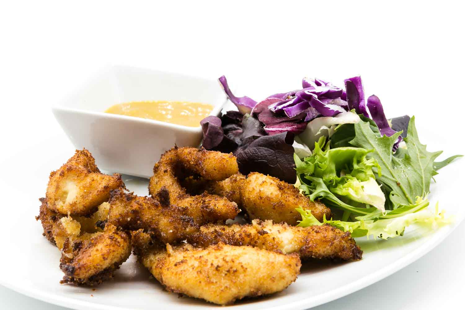 Crunchy Chicken fingers with honey and mustard sauce