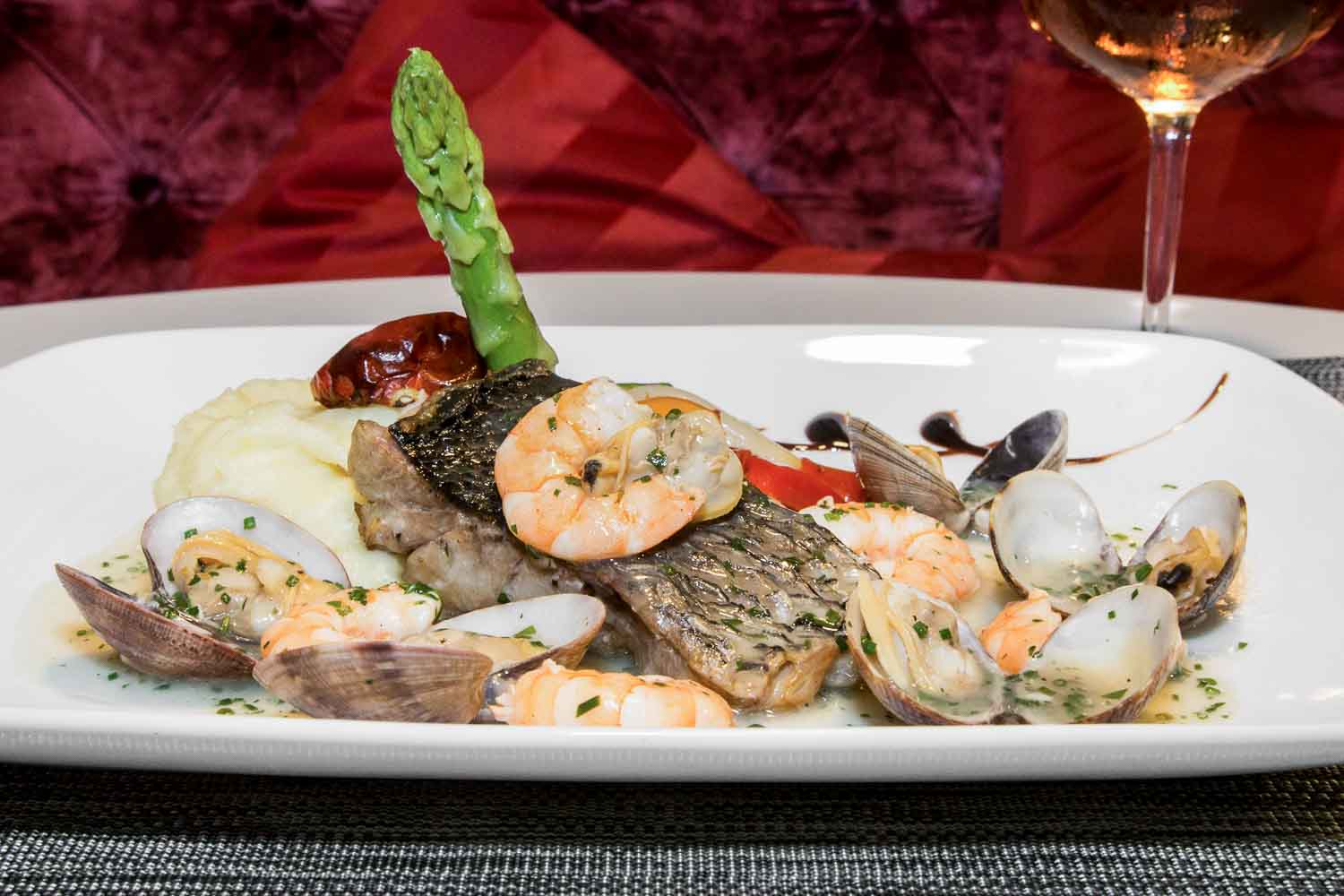 Sea bass with shrimp and clam