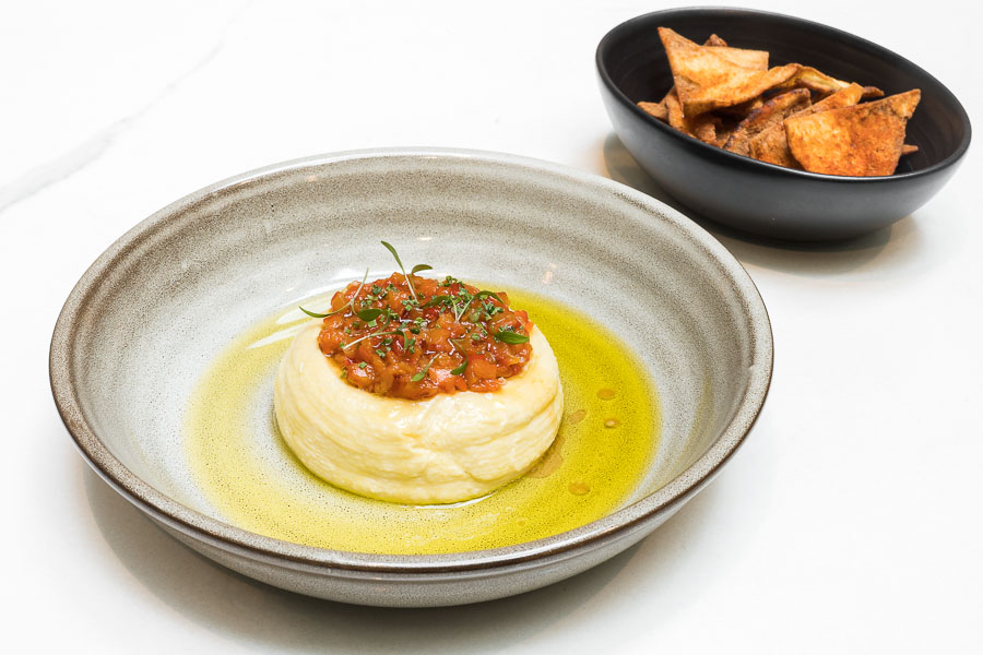 Hummus, Roasted peppers, Pita chips, olive oil