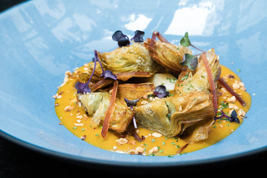 Artichokes and Leeks Pepitoria sauce and red tuna jerk 