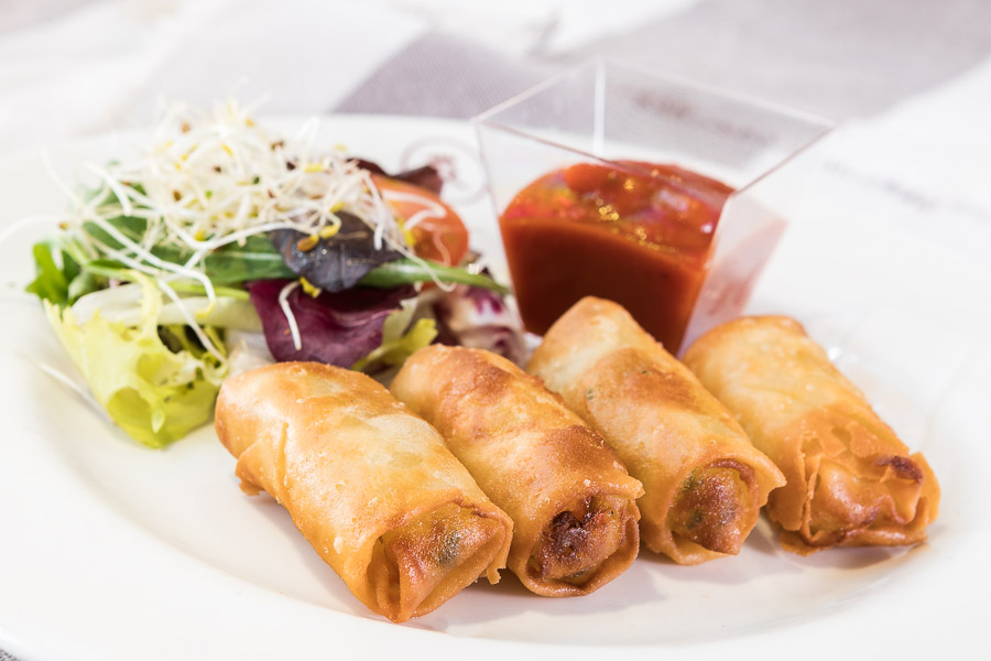 Mini spring rolls with red soy sauce