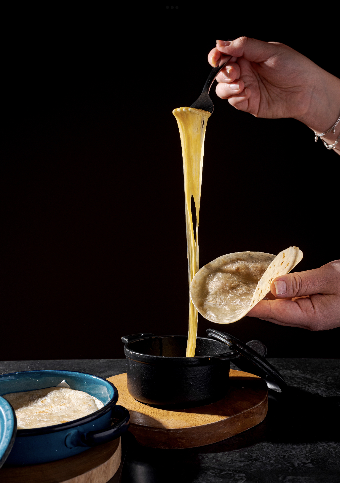 Melted cheese with confit rib, chorizo or cochinita pibil