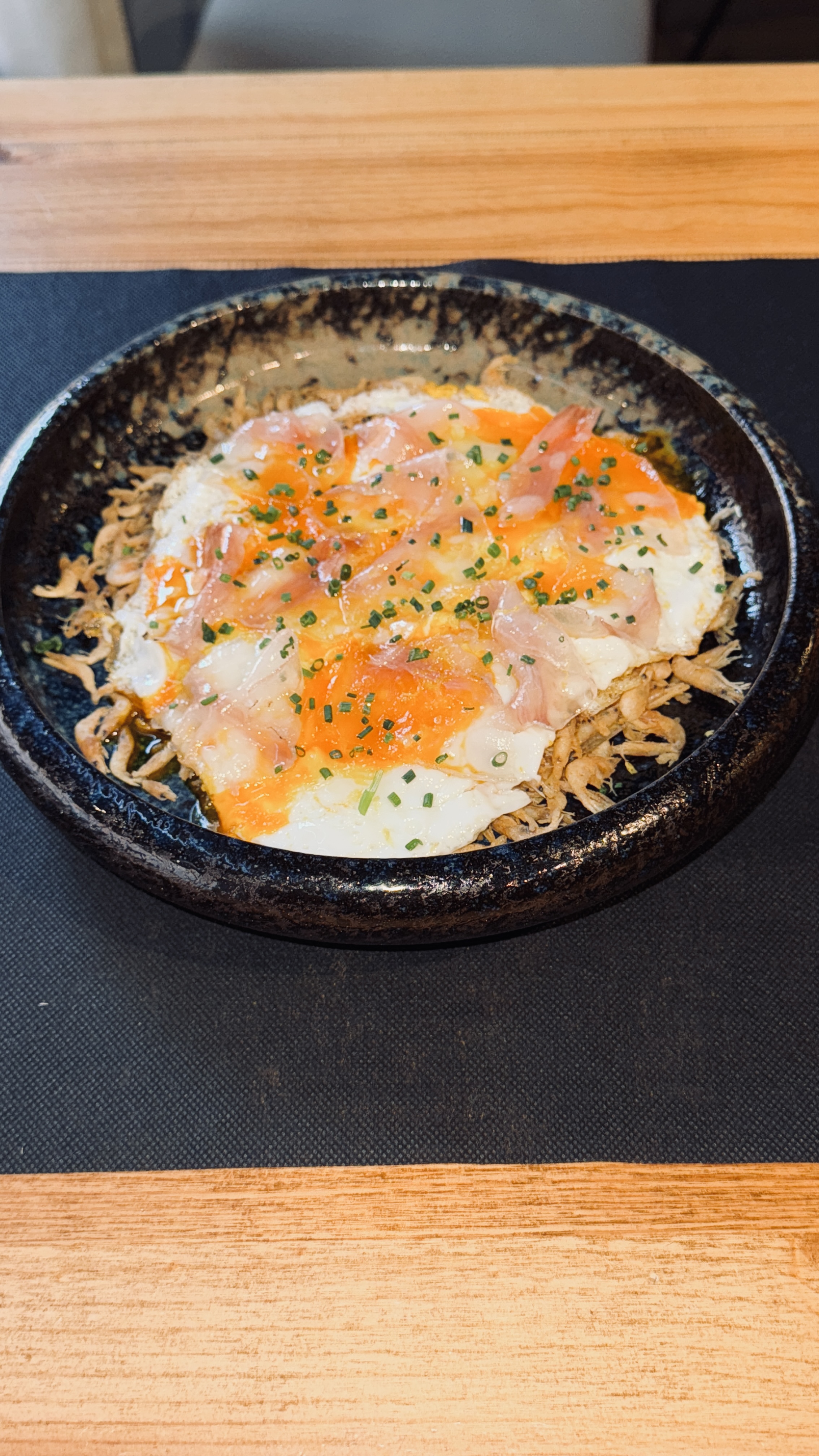 Crystal Baby Shrimp, fried Eggs, kimchi