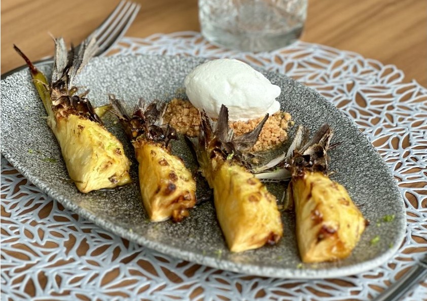 Roast pineapple, rum jelly and coconut ice cream
