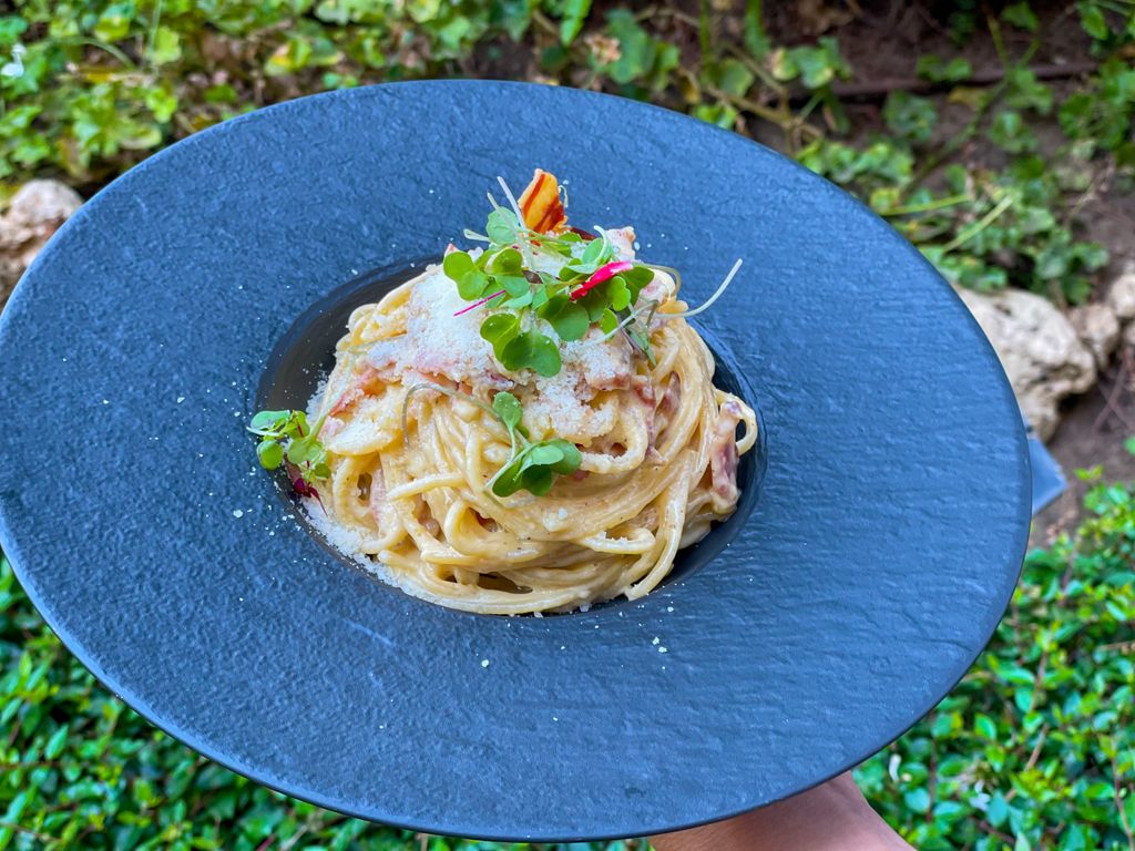 Spaghetti with bacon, fresh cream and egg yolk 