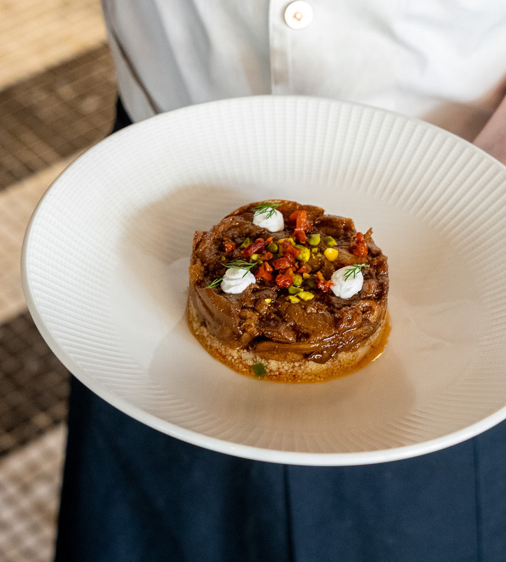 ANDALUSIAN EGGPLANT WITH DRIED TOMATO, CURD CHEESE AND PISTACHIOS