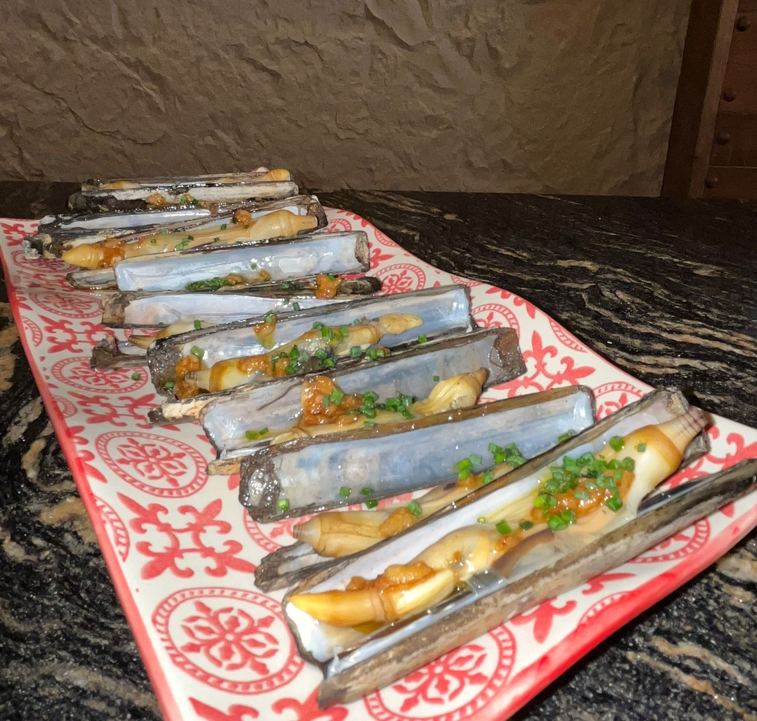 Razor clams with smoked chili sauce