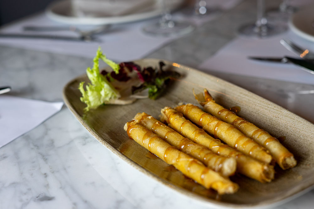 Leek, cheese and fried prawn