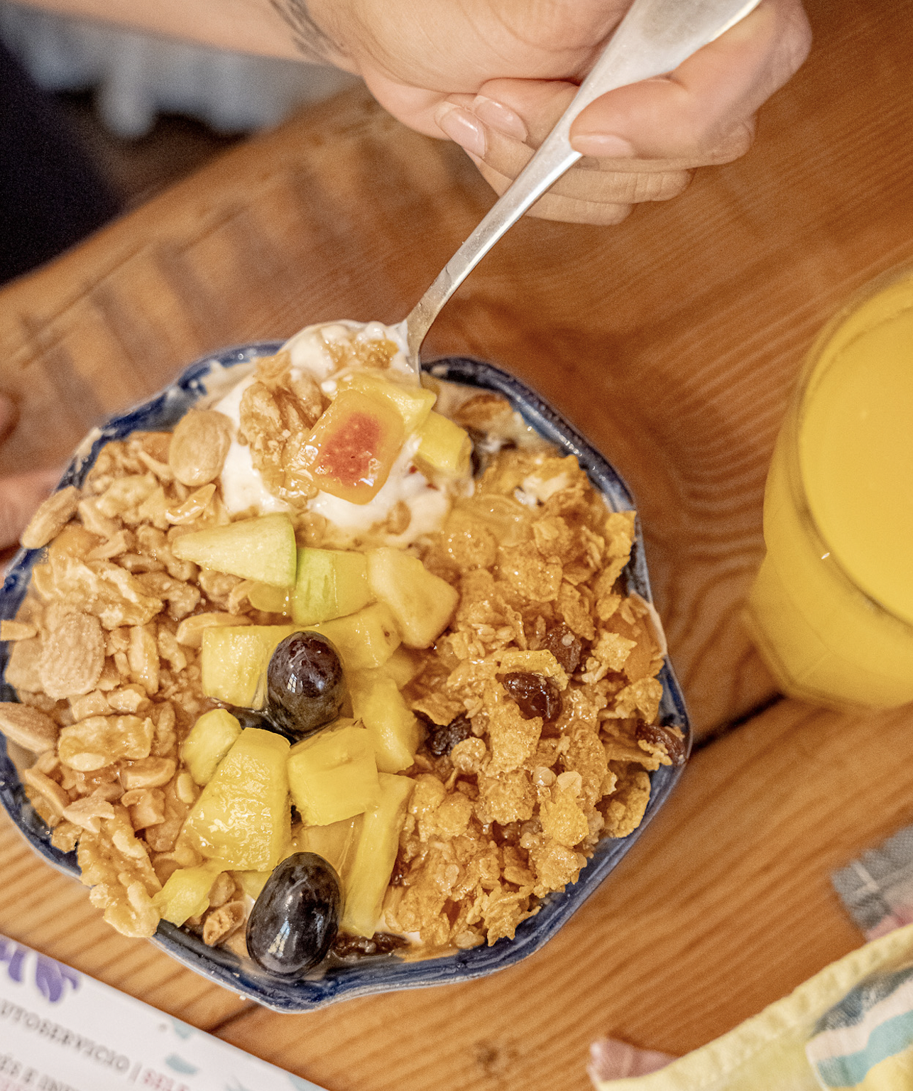 Joghurt + hausgemachtes Müsli + Obst + Honig + Nüsse