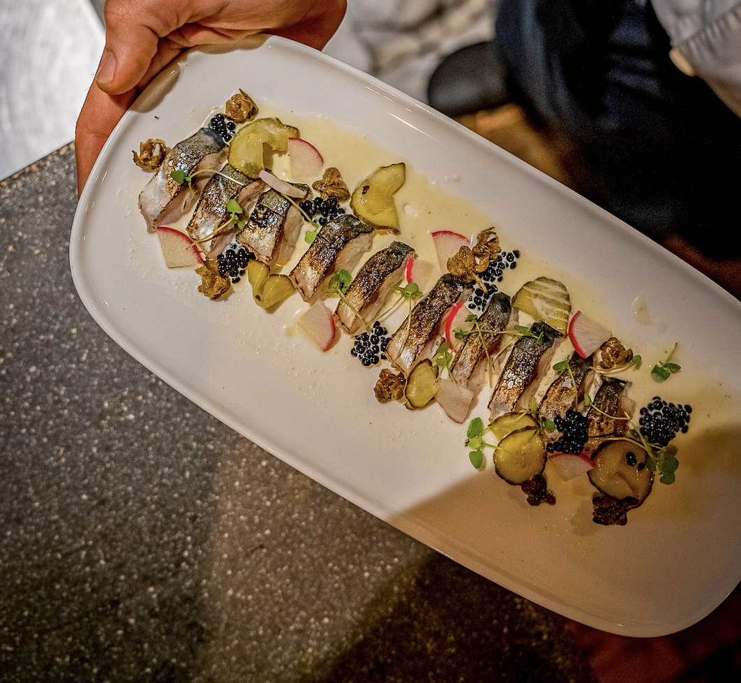 Скумбрия на гриле с горячим яичным супом, зеленью и солеными огурцами