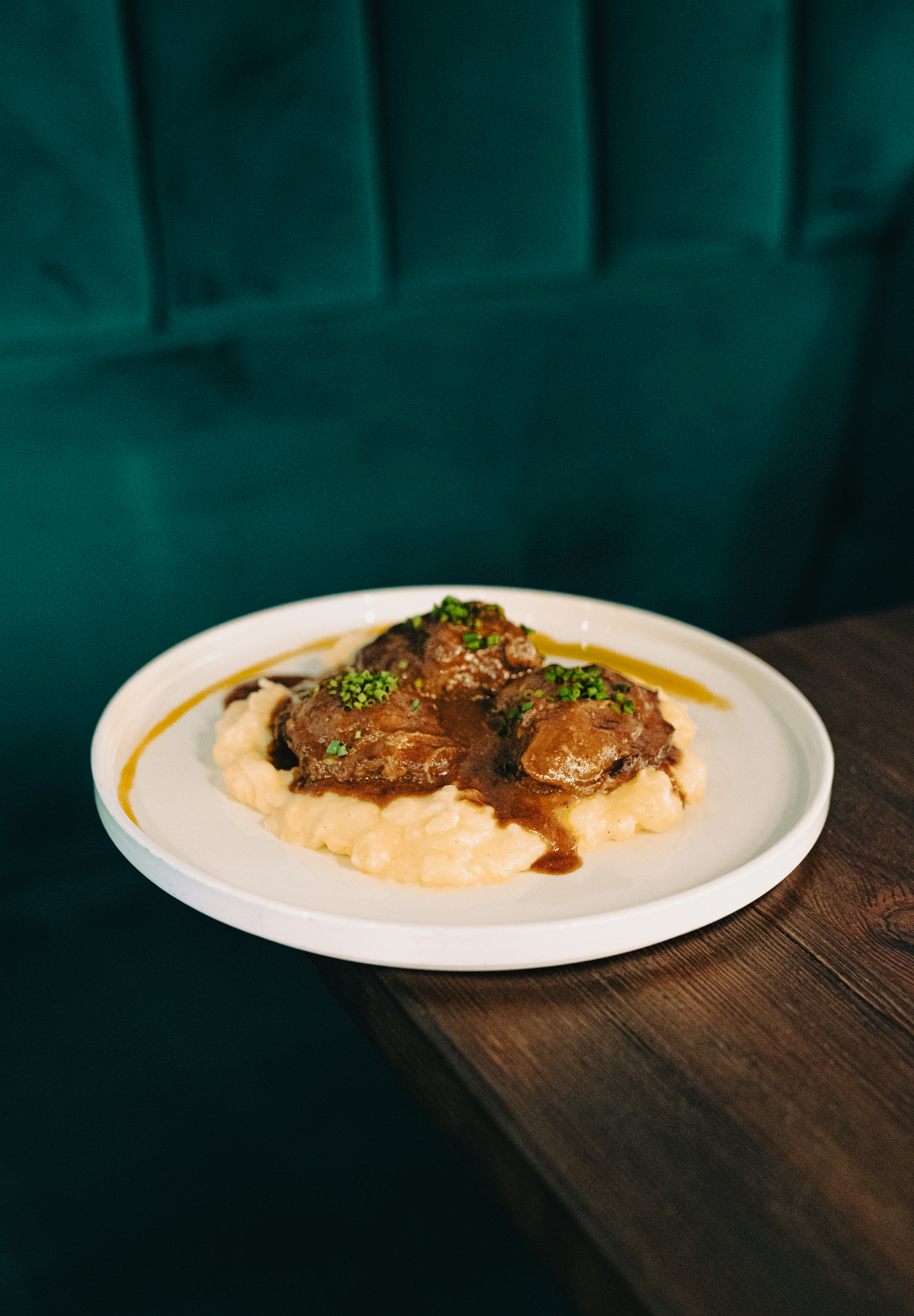 Iberian pork cheek, mashed potato and parsnip