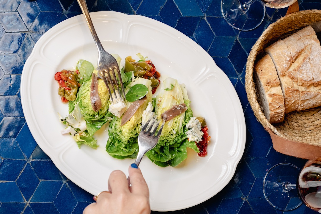 Lettuce hearts, roasted peppers, anchovies and blue cheese with PX vinaigrette