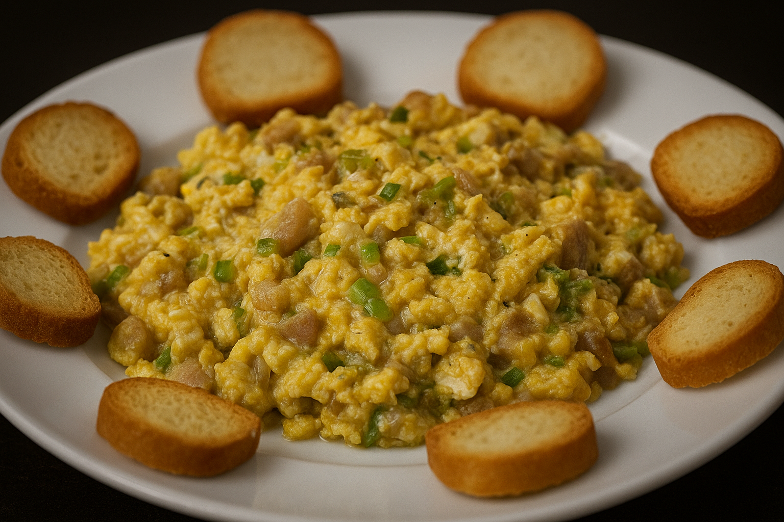 Scrambled eggs with Prawns and Tender Garlic