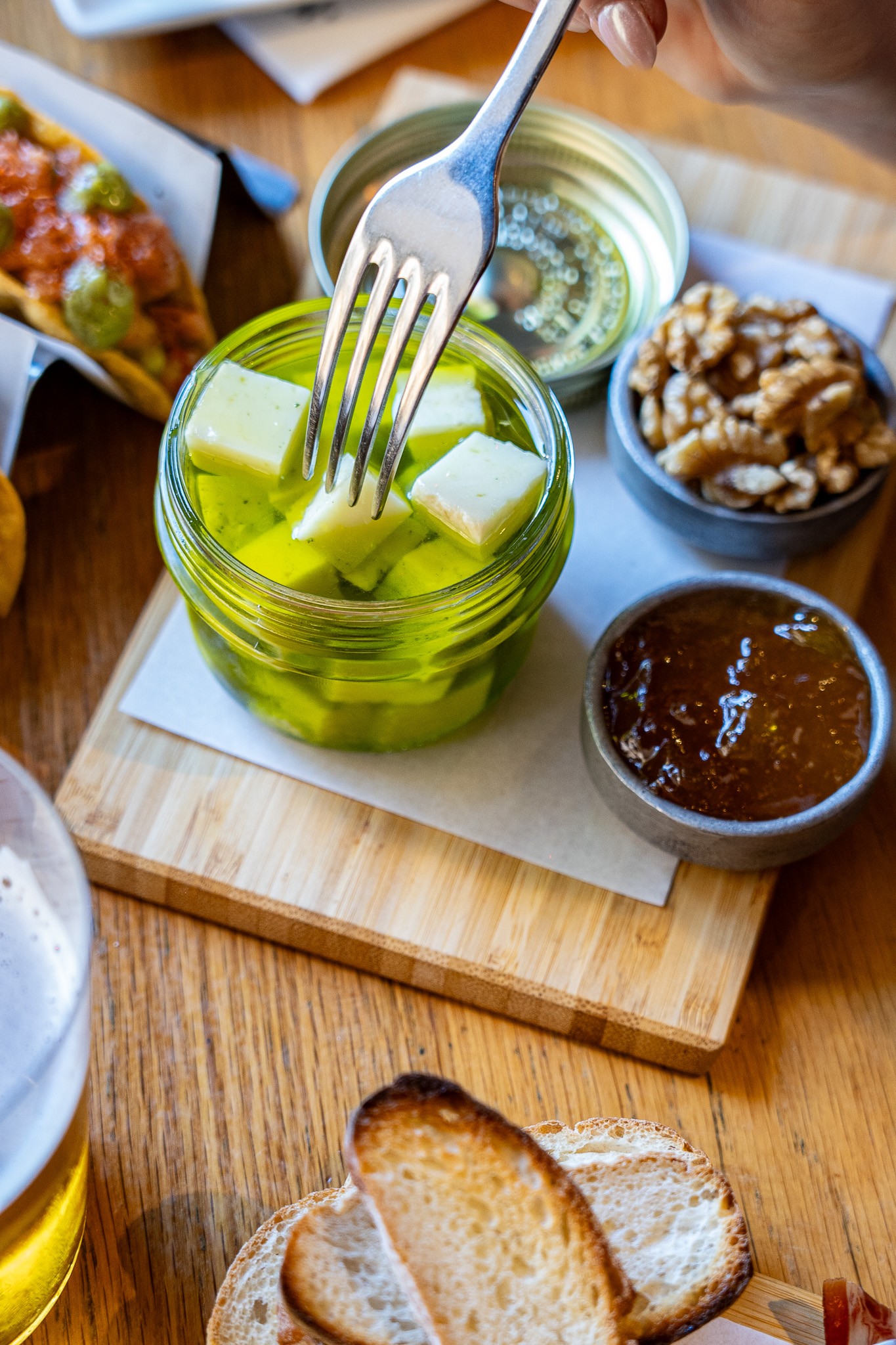 Aged goat cheese, basil oil and bitter orange jam