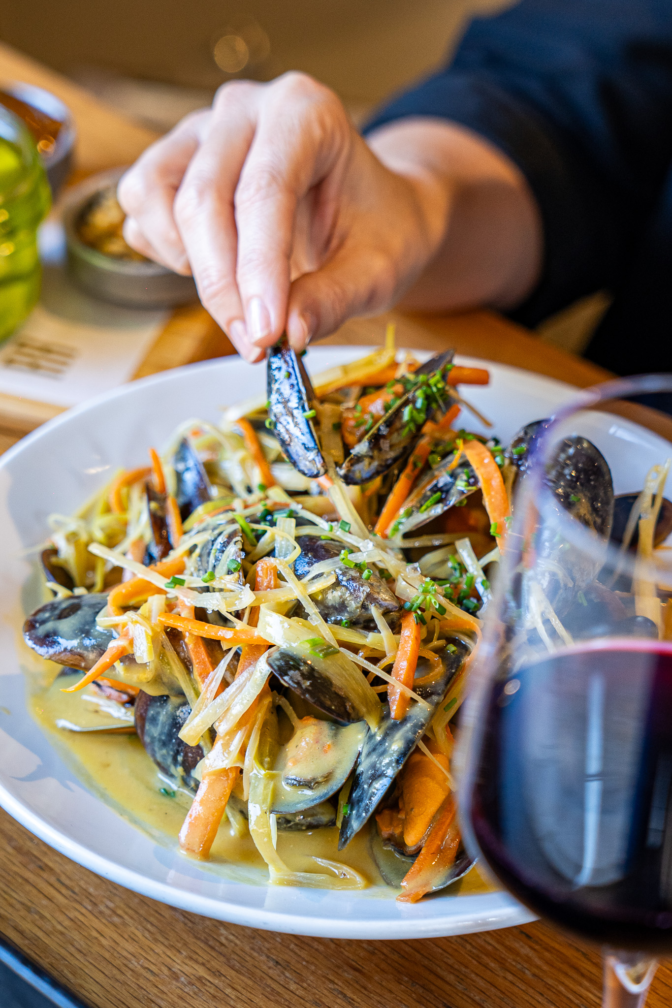 French-style mussels with corn and chili sauce