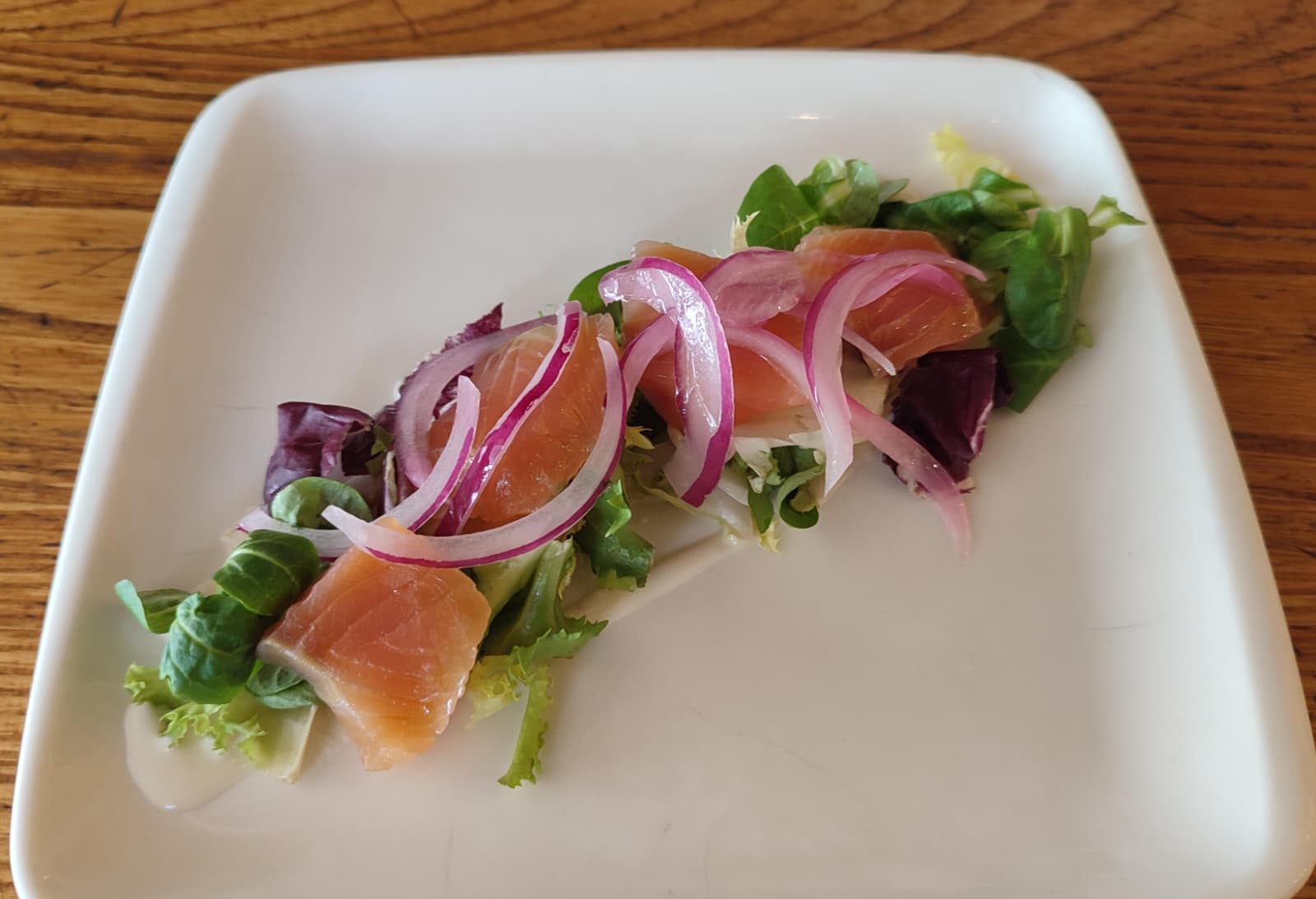 Salada de salmão marinado sobre uma cama de tapa de alho branco e cebola roxa