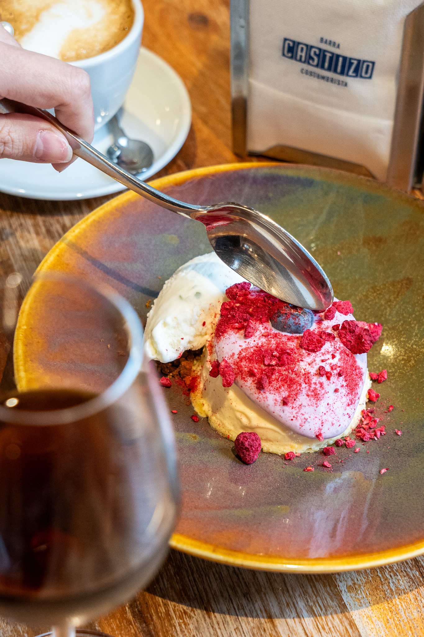 Flan with red fruit chantilly and yogurt and basil ice cream