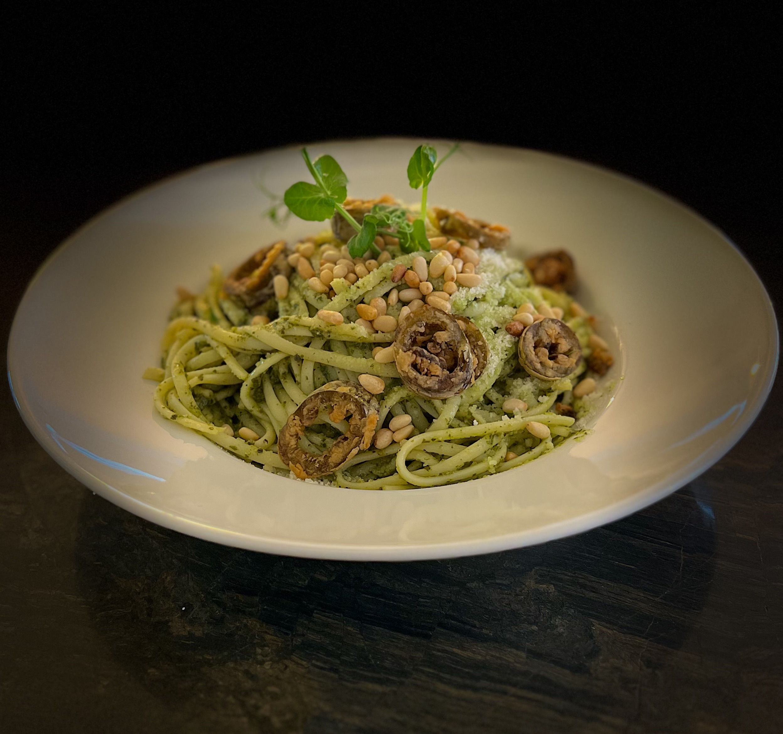 LINGUINI WITH HOMEMADE PESTO AND FRIED JALAPEÑOS 
