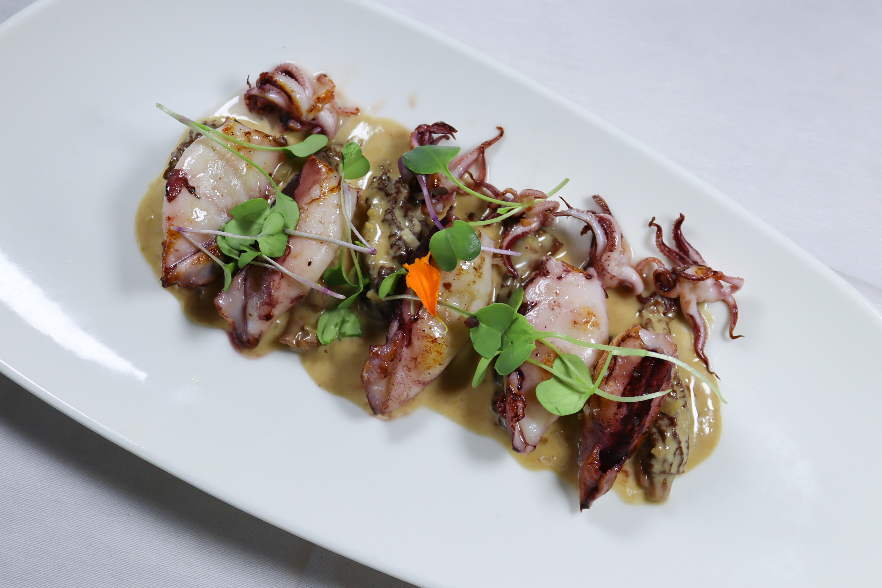 Chipirones asados sobre colmenillas a la crema