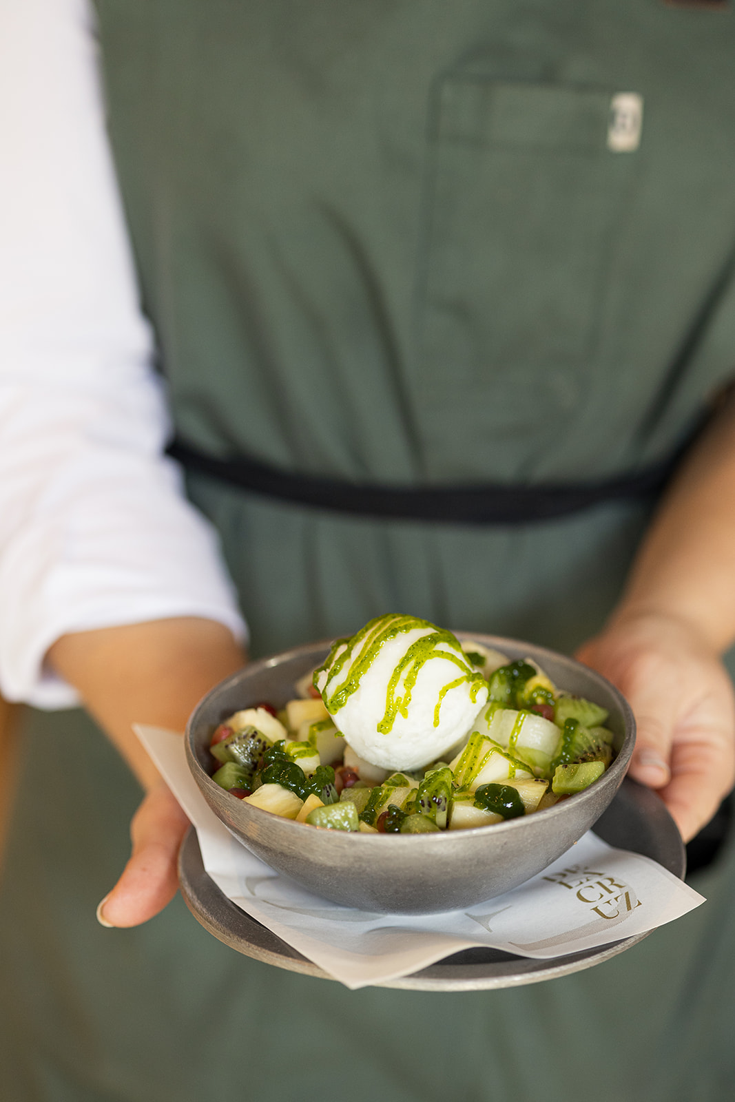 Fruit salad with lemon sorbet