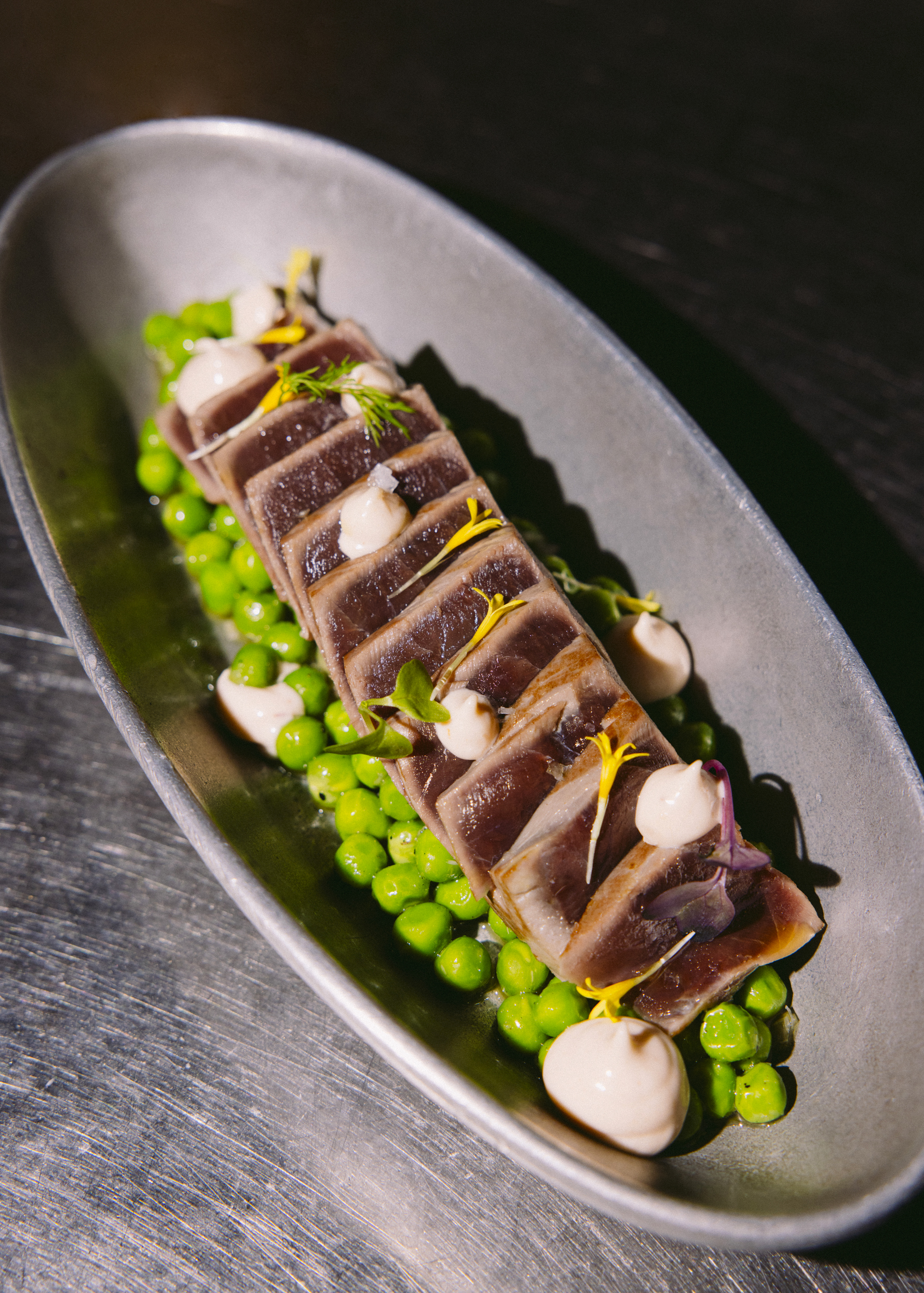 Red tuna tataki with green peas & ponzu sauce