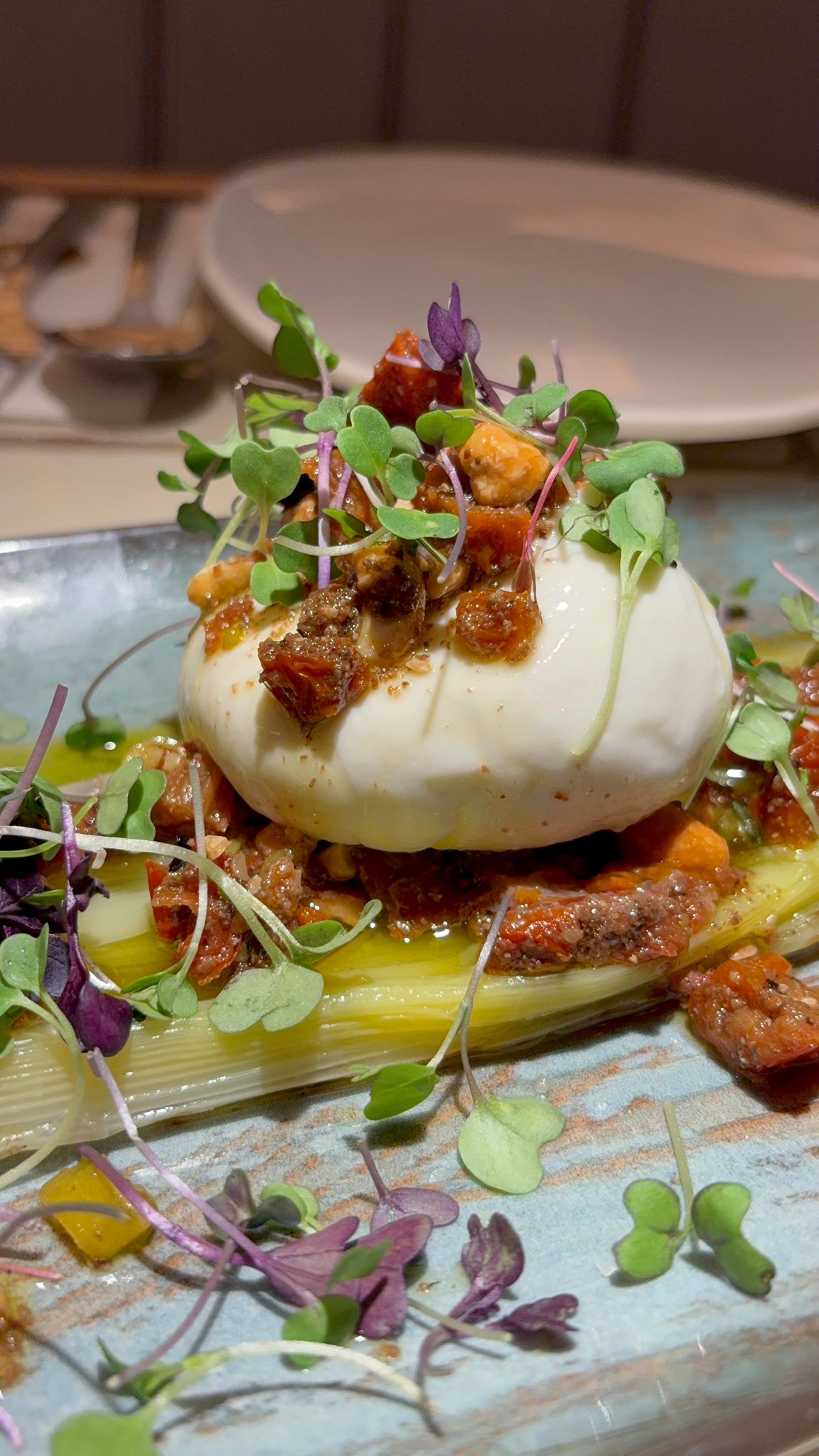 GRILLED LEEK WITH BURRATA AND CASHEW VINAIGRETTE