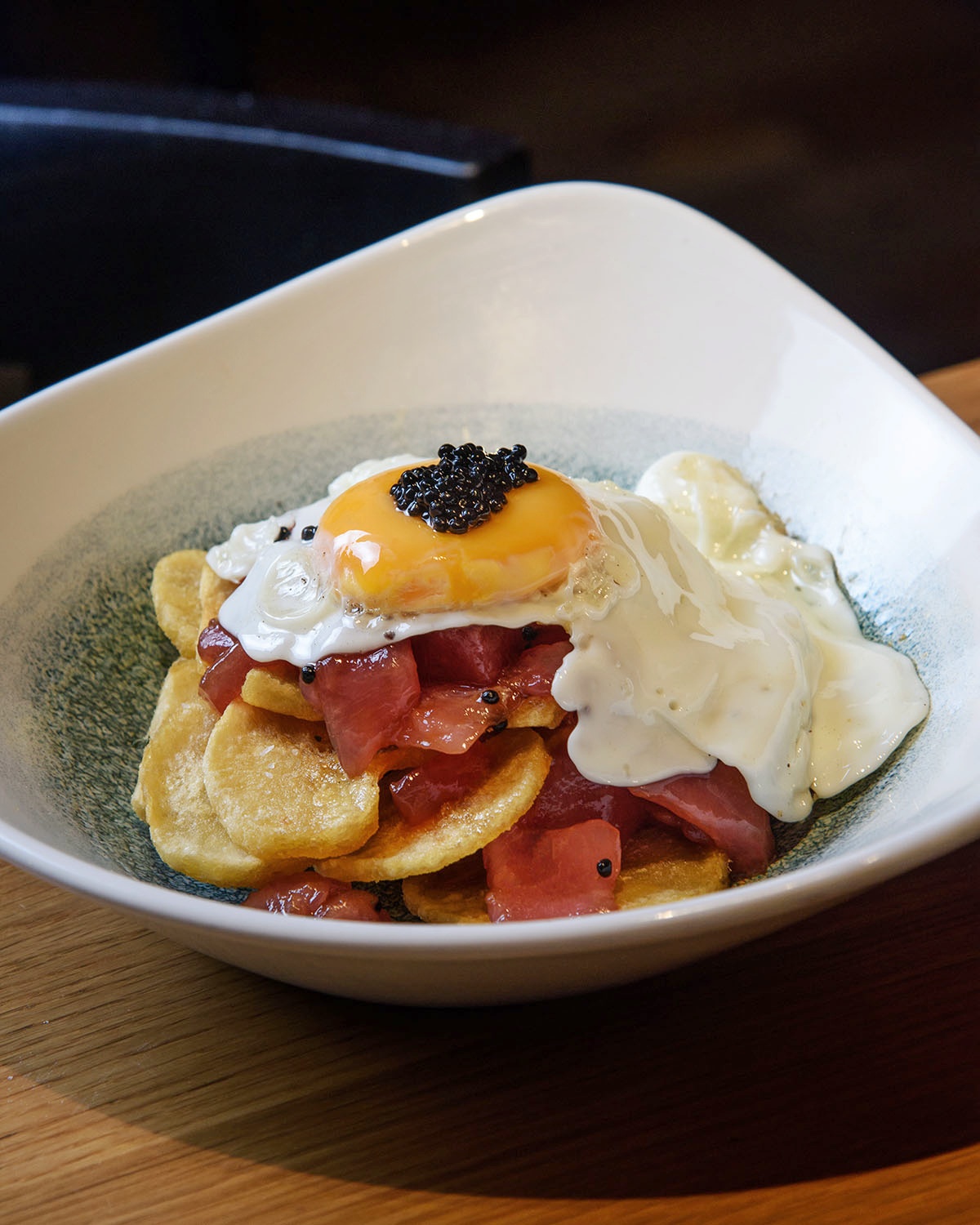 Tempura fried avocado with red tuna tartare and fish roe