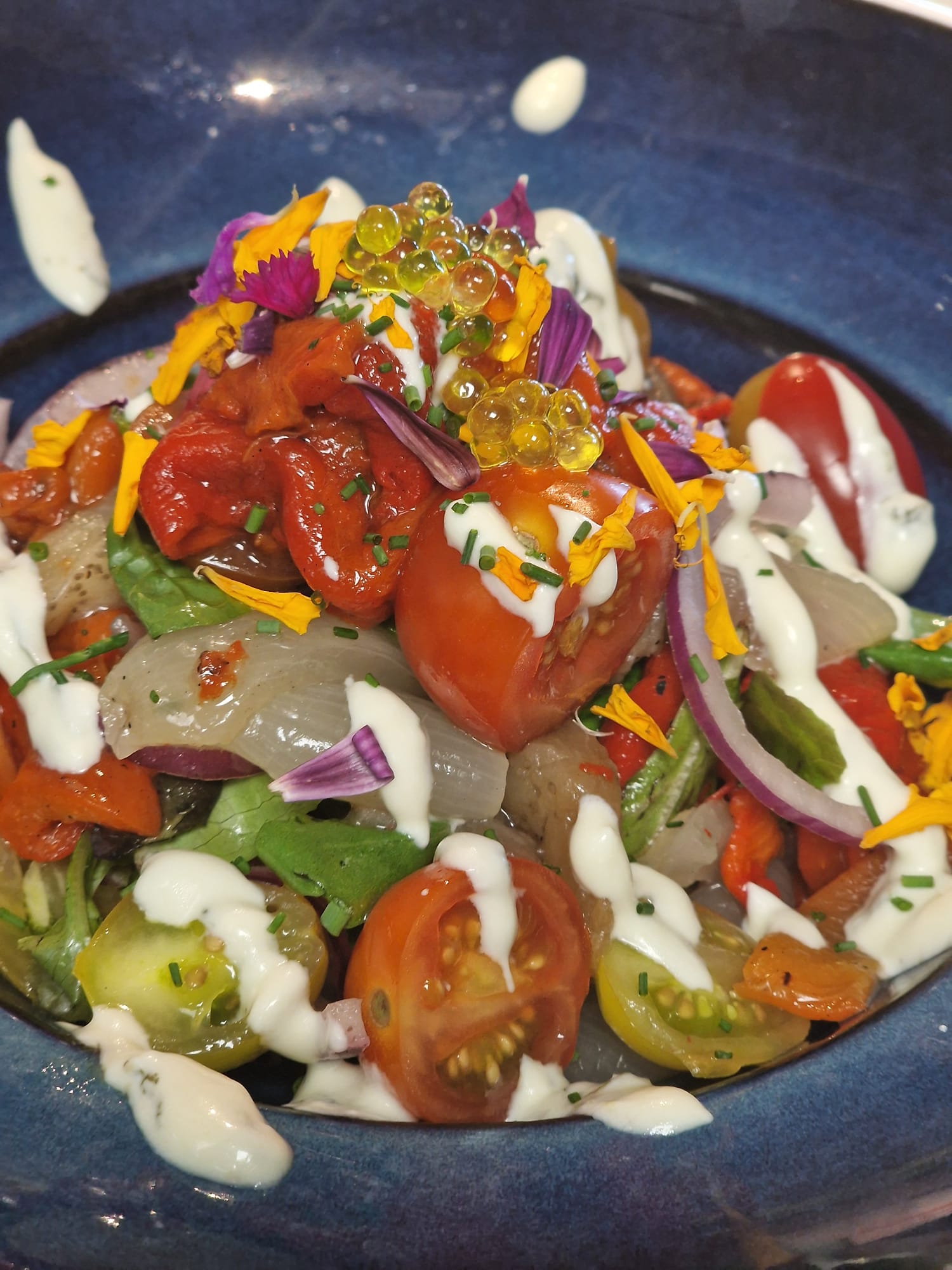 Warm roasted vegetable salad with yogurt vinaigrette