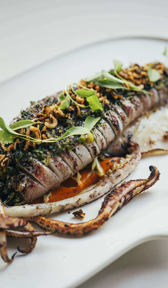 Gegrillter Lorbeer-Tintenfisch mit Öl, Knoblauch, Paprika und Weinsauce