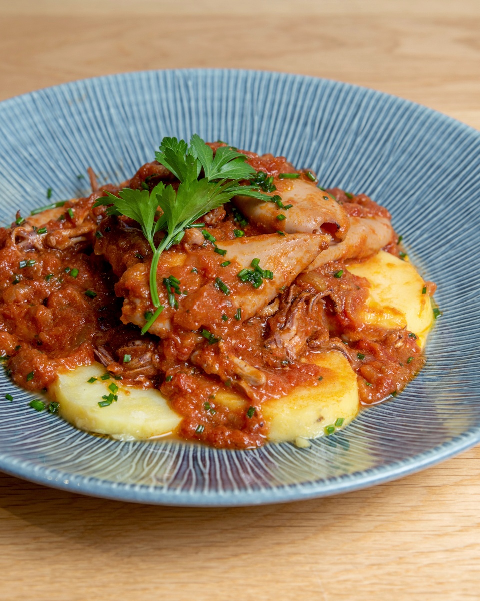Chipirones encebollados con patatas confitadas y salsa picantona de tomate