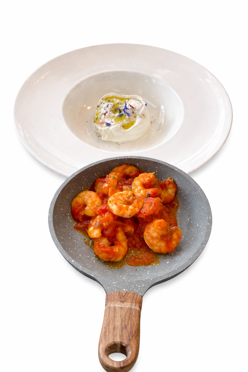 Burrata 125g. Gamberi indiavolati