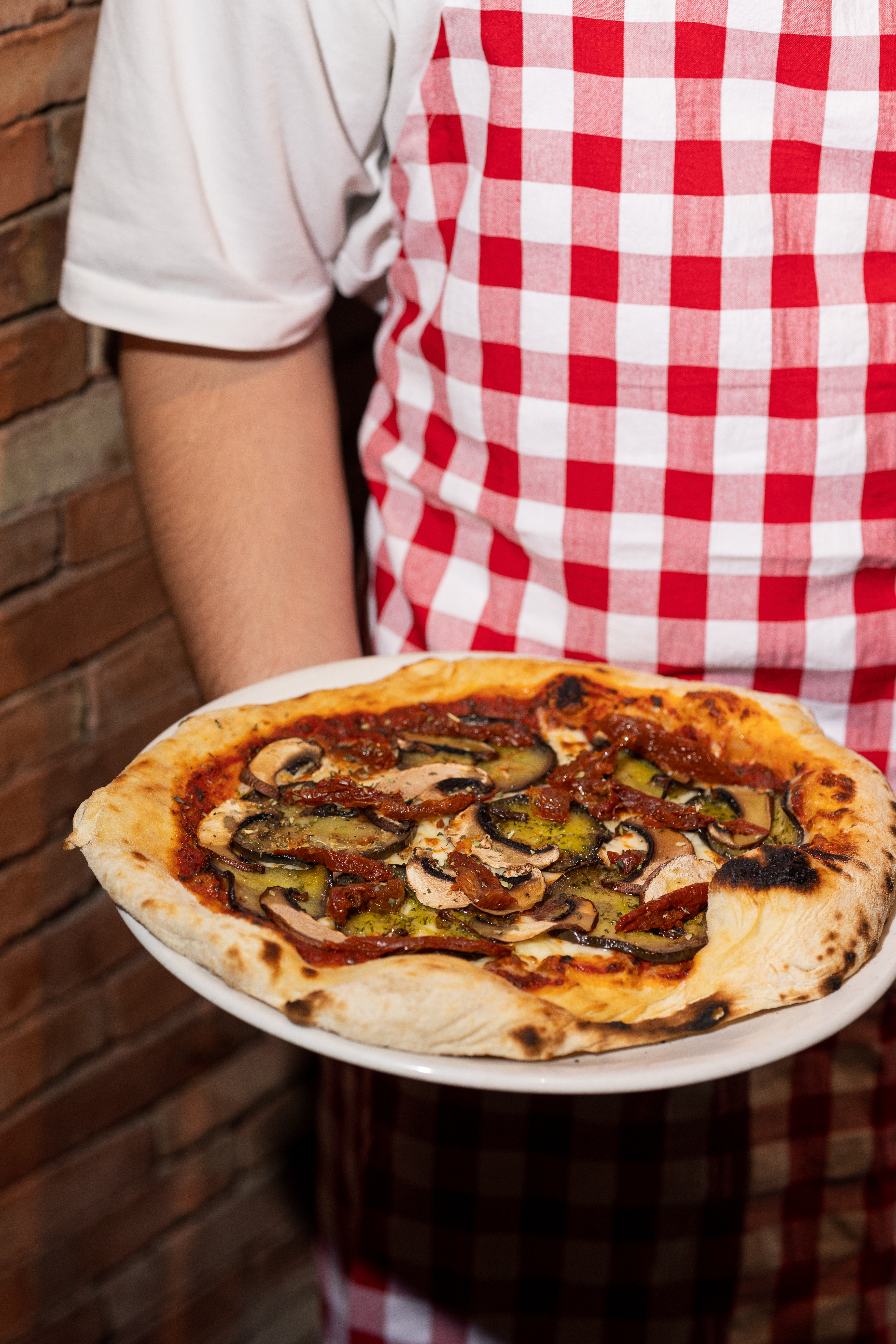 Pizza con tomate, mozzarella, berenjena, tomate seco y champiñones