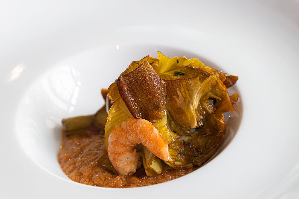 2° Piatto: Carciofi con salmorejo arrosto con gamberi